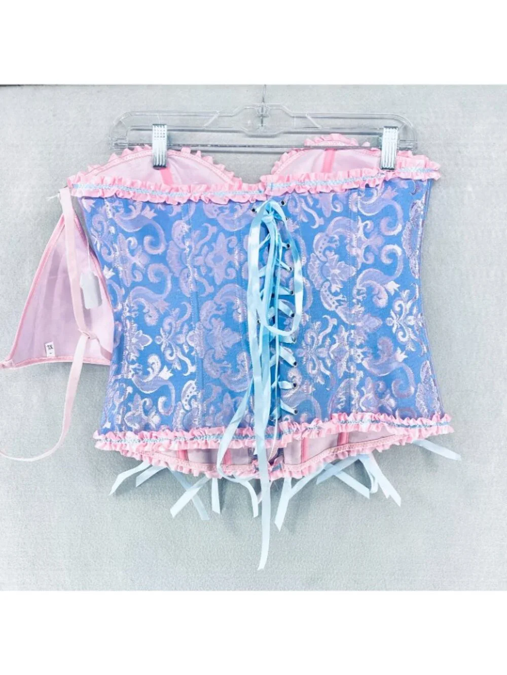 Womens Corset Large Blue Pink Satin Bustier Lingerie Set G String Bows